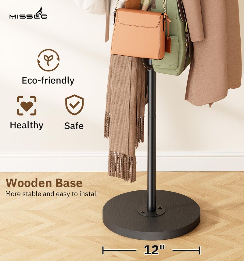MISSLO Heavy Duty Coat Rack Freestanding 4 Adjustable Size Coat Tree with Stable Wood Base Coat Hanger Stand with 6 Hooks Standing Clothes Tree for Bedroom, Black - Image 3