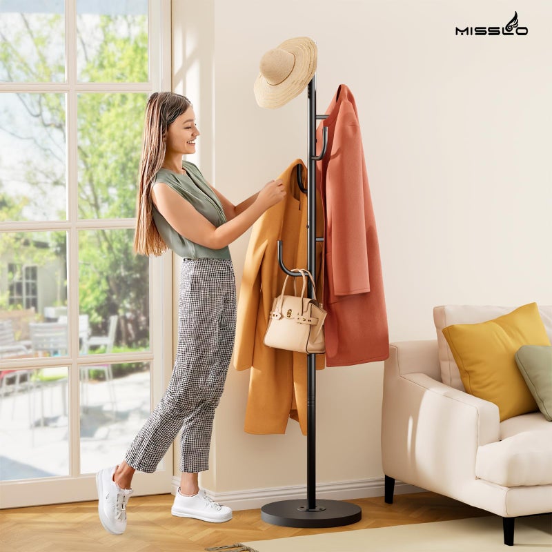 MISSLO Heavy Duty Coat Rack Freestanding 4 Adjustable Size Coat Tree with Stable Wood Base Coat Hanger Stand with 6 Hooks Standing Clothes Tree for Bedroom, Black - Image 4