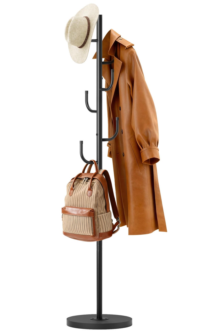 MISSLO Heavy Duty Coat Rack Freestanding 4 Adjustable Size Coat Tree with Stable Wood Base Coat Hanger Stand with 6 Hooks Standing Clothes Tree for Bedroom, Black - Image 1