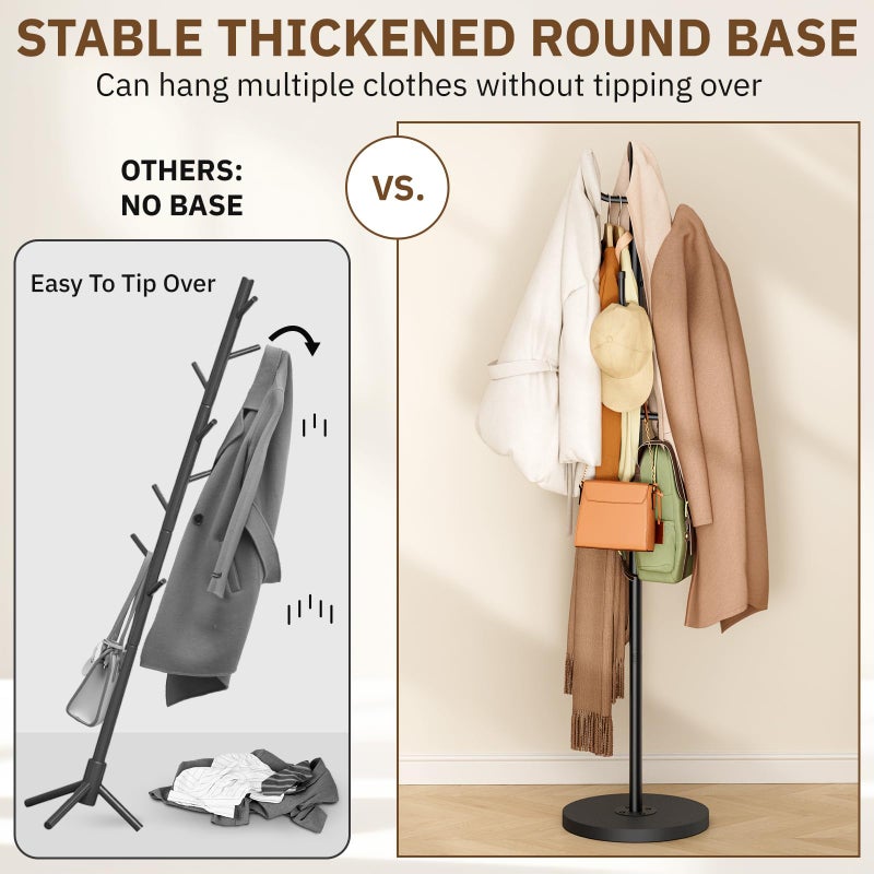 MISSLO Heavy Duty Coat Rack Freestanding 4 Adjustable Size Coat Tree with Stable Wood Base Coat Hanger Stand with 6 Hooks Standing Clothes Tree for Bedroom, Black - Image 2