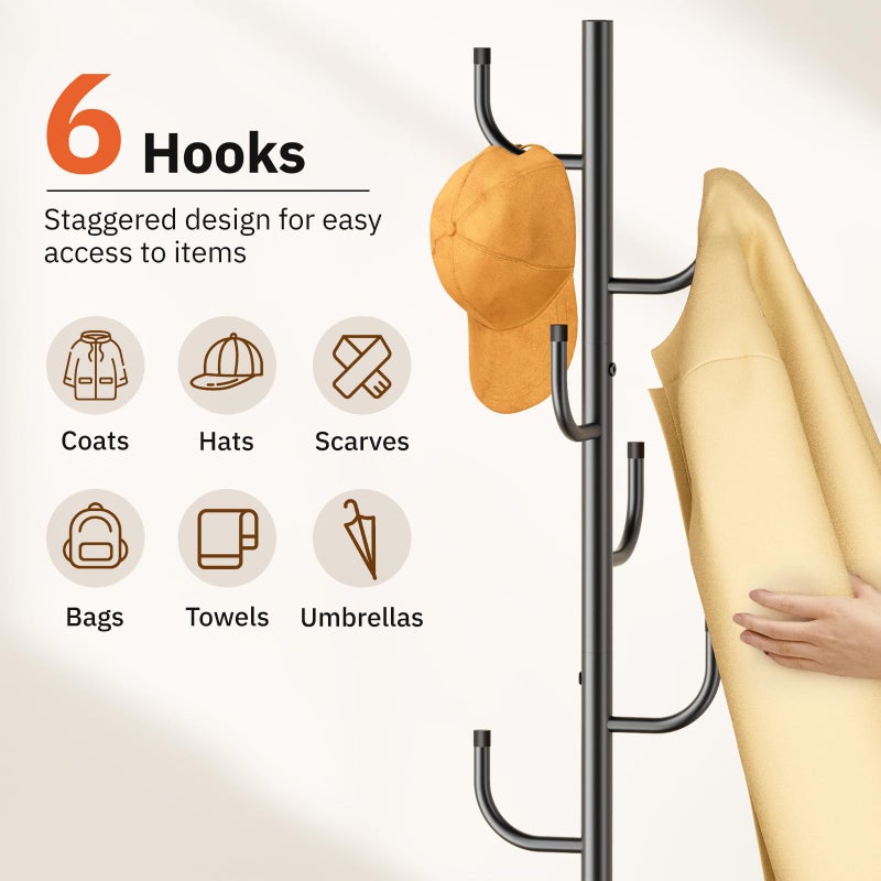 MISSLO Heavy Duty Coat Rack Freestanding 4 Adjustable Size Coat Tree with Stable Wood Base Coat Hanger Stand with 6 Hooks Standing Clothes Tree for Bedroom, Black - Image 5