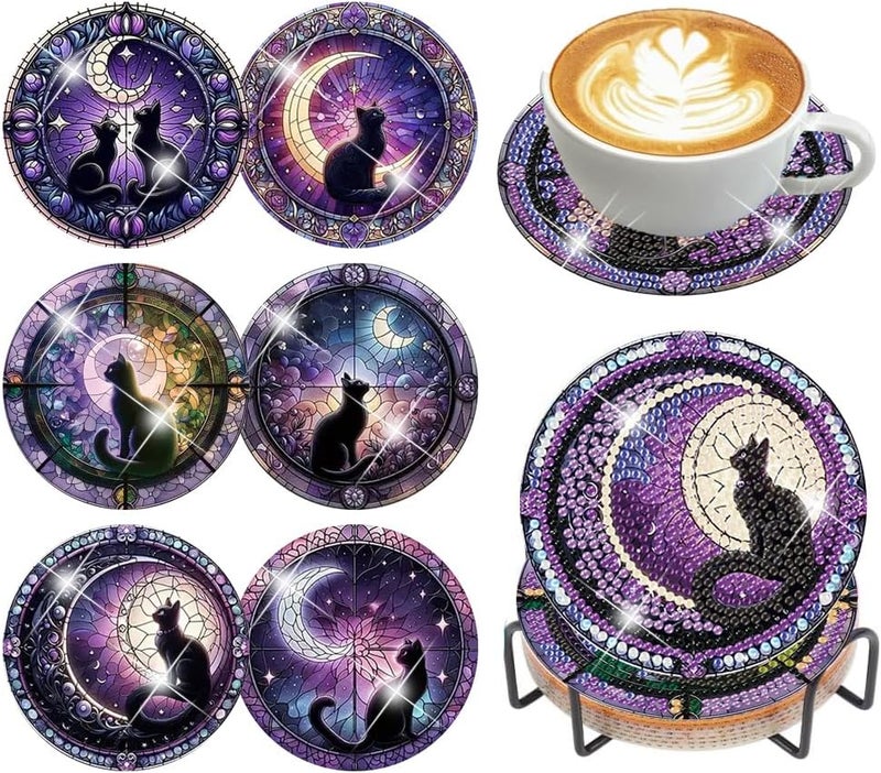 croshom Diamond Art Coasters Kits for Adults - 6 PCS Cat DIY Coaster Diamond Art Kit with Holder, Diamond Painting Coaster for Adults Beginner, Diamond Crafts Kits - Image 1