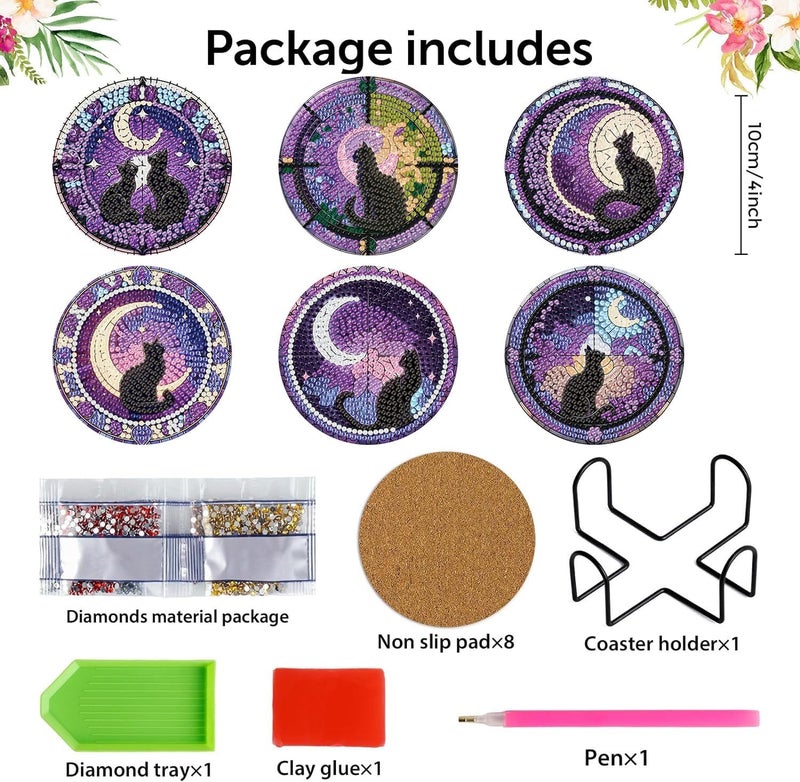 croshom Diamond Art Coasters Kits for Adults - 6 PCS Cat DIY Coaster Diamond Art Kit with Holder, Diamond Painting Coaster for Adults Beginner, Diamond Crafts Kits - Image 3
