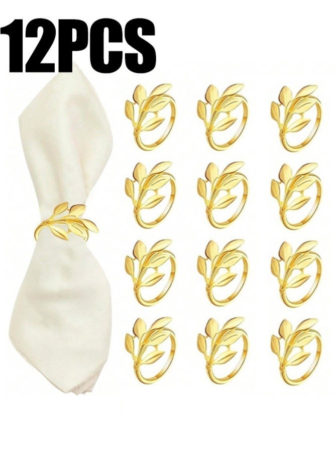ميدي مجموعة من 12 حلقة مناديل ذهبية - حلقات مناديل معدنية متينة وسهلة التنظيف | تصميم أنيق على شكل أوراق الشجر لتزيين الطاولات، وديكور طاولات الأعياد، وحفلات الزفاف والعشاء الاحتفالية، والمناسبات الخاصة، وهدايا رائعة. - Image 1