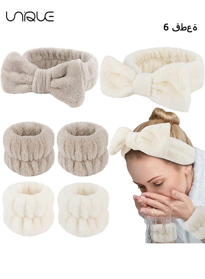 Unique 6Pcs Spa Headband and Wrist Washband Set, 2 Pieces Makeup Facial Face Wash Headband and 4 Pieces Wrist Bands for Washing Face Terry Cloth Headbands for Women Girls（Brown + Rice White） - Image 1