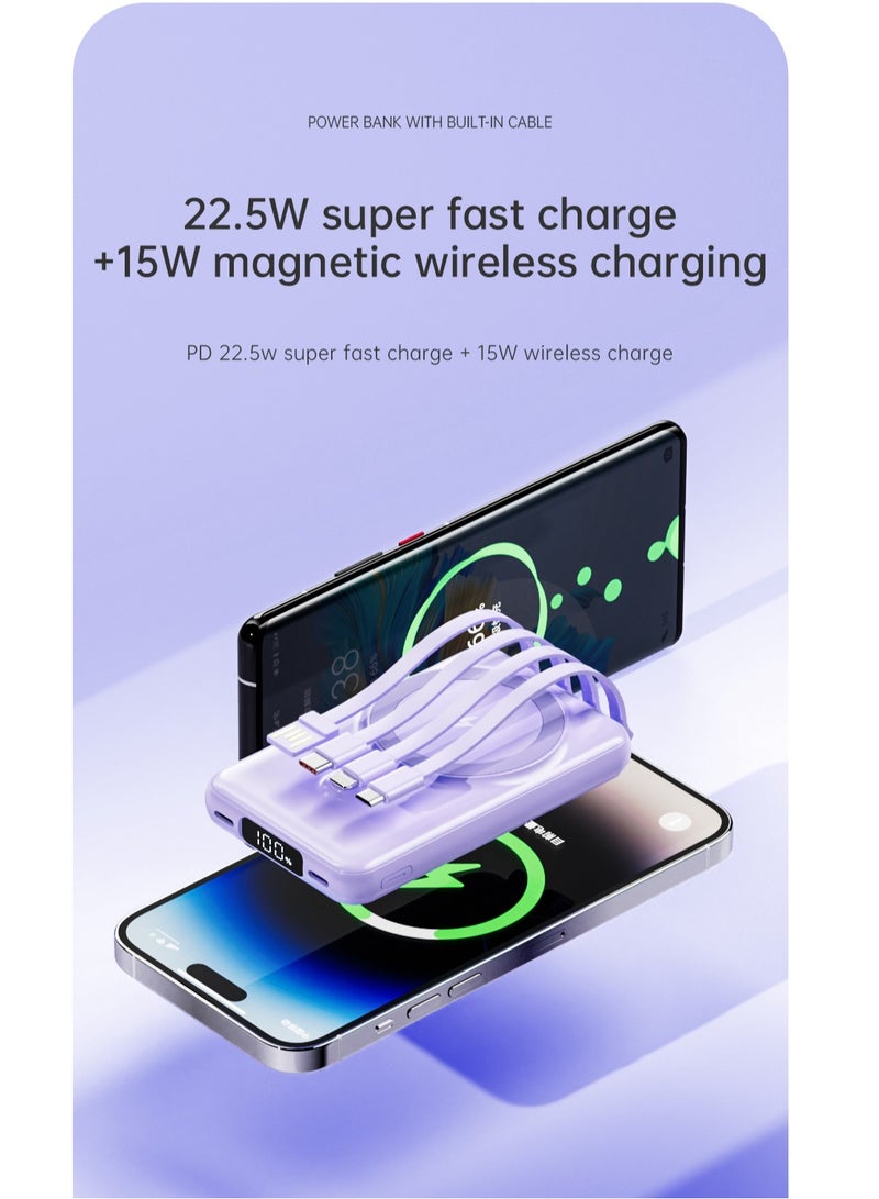 GULFLINK Fast Charging Magnetic Wireless Power Bank with 22.5w Built-in Cable Portable Super Fast Charging Mobile Power Supply 10000 mAh Purple - Image 4