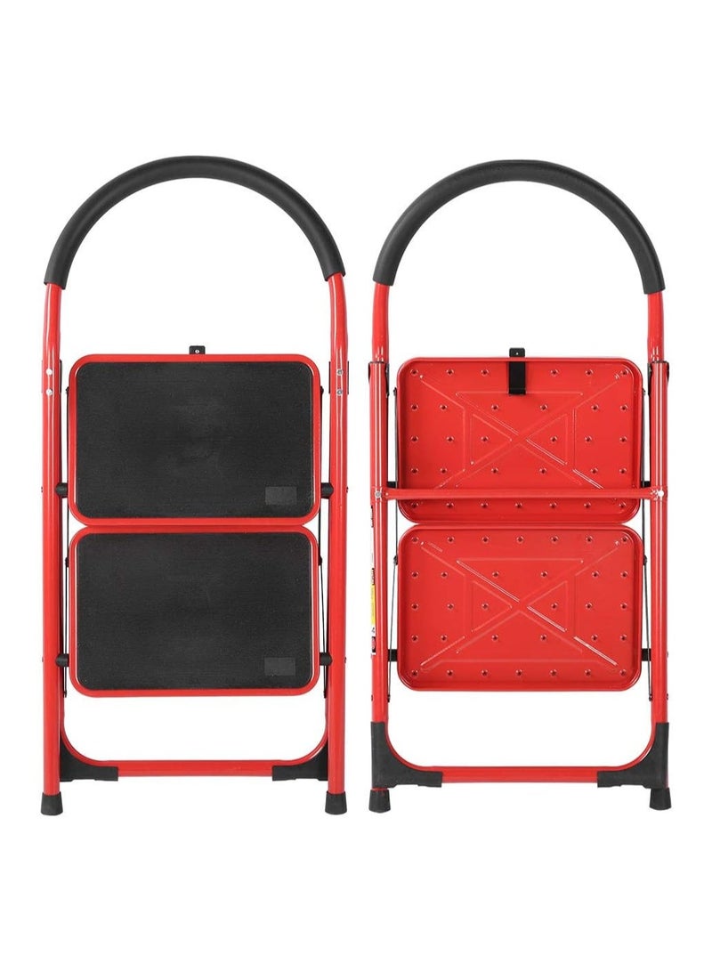 فيو سلم ذو خطوتين قابل للطي مع دواسة عريضة مضادة للانزلاق وموفرة للمساحة ومتينة وخفيفة الوزن من الألومنيوم باللون الأحمر بسعة 120 كجم، قوي للمنزل والمطبخ والمكتب والمرآب - Image 2