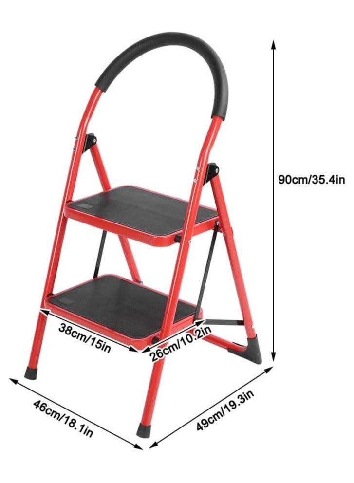 فيو سلم ذو خطوتين قابل للطي مع دواسة عريضة مضادة للانزلاق وموفرة للمساحة ومتينة وخفيفة الوزن من الألومنيوم باللون الأحمر بسعة 120 كجم، قوي للمنزل والمطبخ والمكتب والمرآب - Image 3