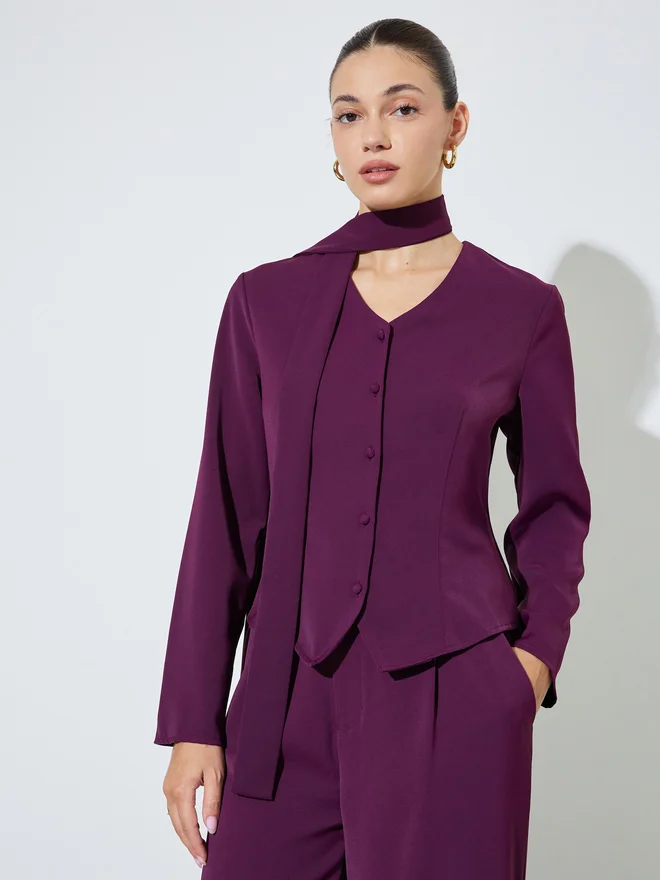 Styli purple Styli Purple Long Sleeve Blouse with Scarf Detail for Women | Best Price UAE