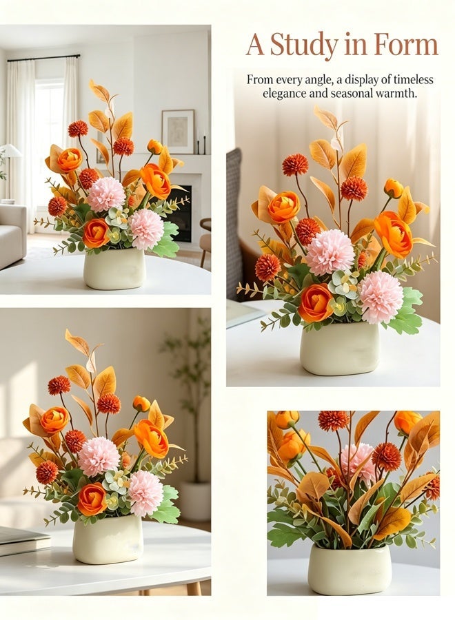 Allieuka Artificial Flower Arrangement in Vase Orange Pink Mixed Faux Flowers with Greenery Table Centerpiece for Home Living Room Dining Desk Decoration - Image 3