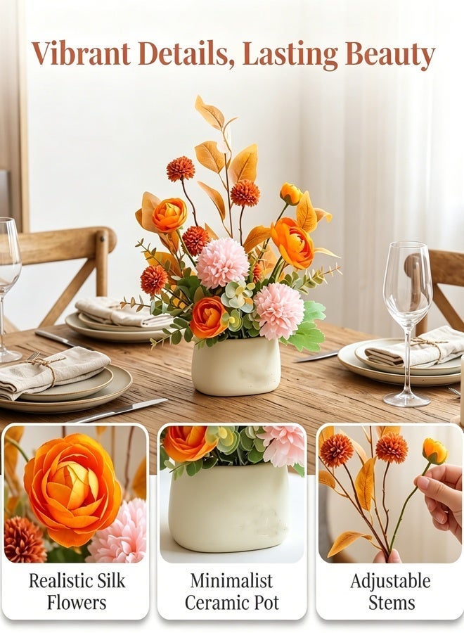 Allieuka Artificial Flower Arrangement in Vase Orange Pink Mixed Faux Flowers with Greenery Table Centerpiece for Home Living Room Dining Desk Decoration - Image 5