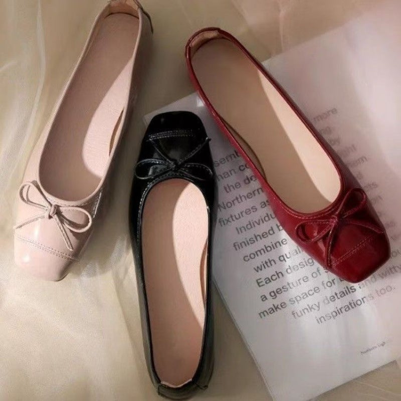 French Style Fragrant Red Shoes Soft Sole Four Seasons Shallow Mouth Bow Red Shoes Mary Jane - Image 2