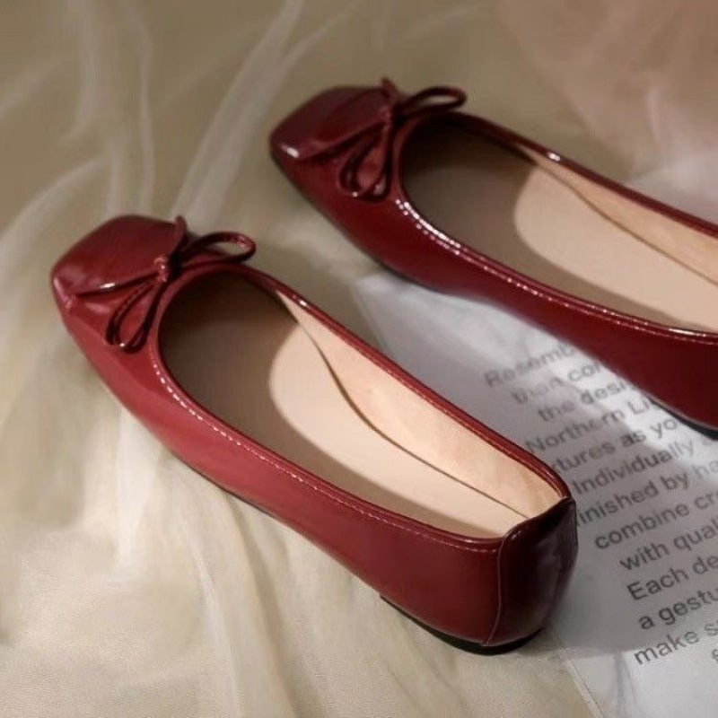 French Style Fragrant Red Shoes Soft Sole Four Seasons Shallow Mouth Bow Red Shoes Mary Jane - Image 3