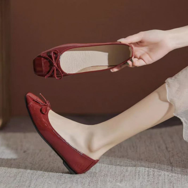 French Style Fragrant Red Shoes Soft Sole Four Seasons Shallow Mouth Bow Red Shoes Mary Jane - Image 4