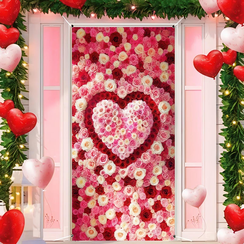 غطاء باب لعيد الحب من BlissYard مقاس 71 × 35 بوصة، لافتة باب على شكل قلب وردي مع زخرفة تصميم زهور رومانسية للباب الأمامي في الأماكن المغلقة وفي الهواء الطلق، خلفية لحفلات عيد الحب، ديكور معلق لباب الحب الجميل - Image 1