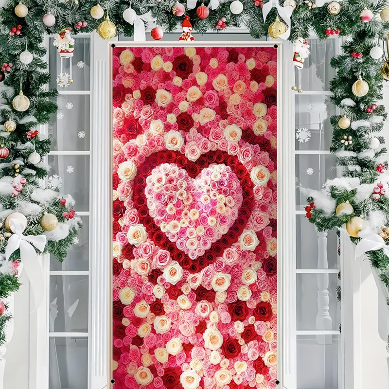 غطاء باب لعيد الحب من BlissYard مقاس 71 × 35 بوصة، لافتة باب على شكل قلب وردي مع زخرفة تصميم زهور رومانسية للباب الأمامي في الأماكن المغلقة وفي الهواء الطلق، خلفية لحفلات عيد الحب، ديكور معلق لباب الحب الجميل - Image 2
