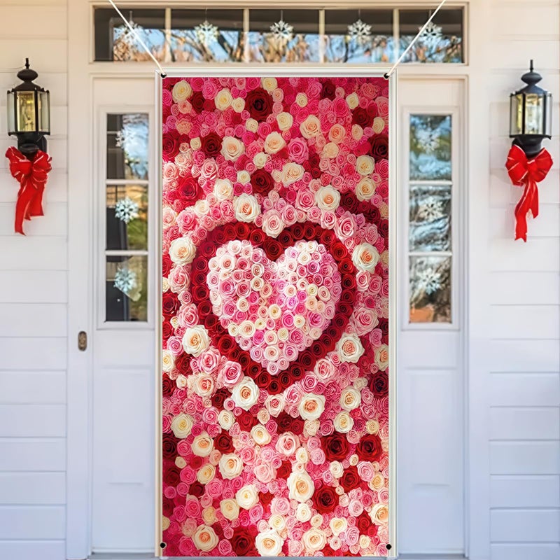 غطاء باب لعيد الحب من BlissYard مقاس 71 × 35 بوصة، لافتة باب على شكل قلب وردي مع زخرفة تصميم زهور رومانسية للباب الأمامي في الأماكن المغلقة وفي الهواء الطلق، خلفية لحفلات عيد الحب، ديكور معلق لباب الحب الجميل - Image 5