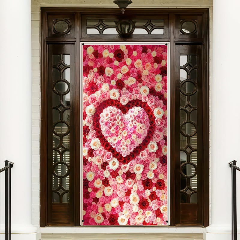 غطاء باب لعيد الحب من BlissYard مقاس 71 × 35 بوصة، لافتة باب على شكل قلب وردي مع زخرفة تصميم زهور رومانسية للباب الأمامي في الأماكن المغلقة وفي الهواء الطلق، خلفية لحفلات عيد الحب، ديكور معلق لباب الحب الجميل - Image 4