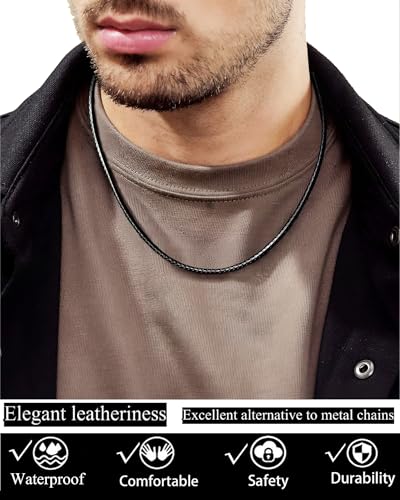 IOYYIO Mens Braided Leather Chain Necklace Cord, 24 inches Waterproof Rope Chain for pendants (gift box) - Image 2