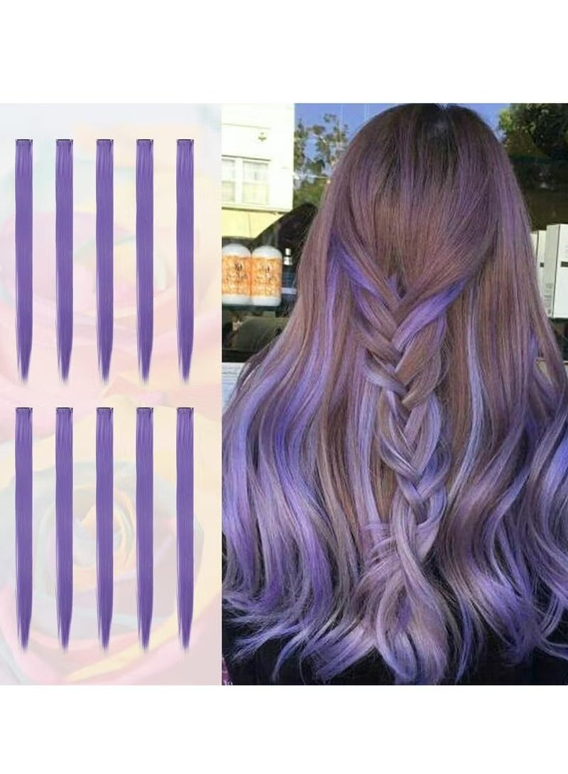Generic 10 Pcs Colored Hair Extensions Party Highlights Colorful Clip in Hair Extensions 22 Inch Straight Synthetic Hairpieces for Women Kids Girls Cosplay, 10pcs Grey Purple - Image 1