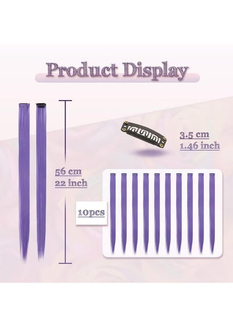 Generic 10 Pcs Colored Hair Extensions Party Highlights Colorful Clip in Hair Extensions 22 Inch Straight Synthetic Hairpieces for Women Kids Girls Cosplay, 10pcs Grey Purple - Image 2