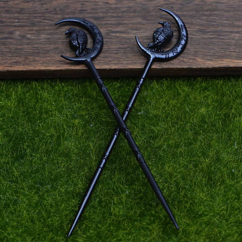 LANGHONG 2PCS Viking Raven Hair Sticks â€“ Black Retro Gothic Moon Metal Hair Pins for Women, Ideal for Thick Hair, Halloween & Renaissance Festivals (RLMN) - Image 3