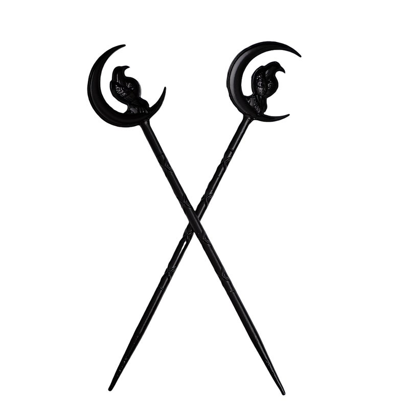 LANGHONG 2PCS Viking Raven Hair Sticks â€“ Black Retro Gothic Moon Metal Hair Pins for Women, Ideal for Thick Hair, Halloween & Renaissance Festivals (RLMN) - Image 2