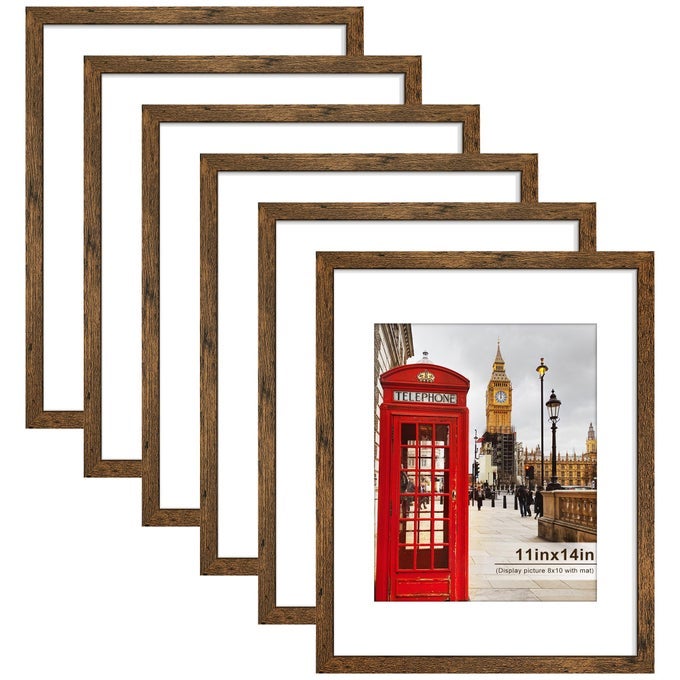 11X14 PICTURE FRAME SET OF 6 DISPLAY PICTURES 8X10 WITH MAT OR 11X14 WITHOUT MAT FOR WALL MOUNTING OR TABLE TOP DISPLAY PHOTO FRAMES COLLAGE FOR WALL DECOR RUSTIC BROWN