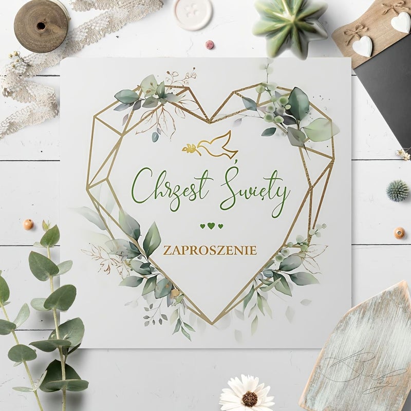 12 Pcs Paper Polish Baptism Invitations 11 02 X 5 5 Inch Eucalyptus Greenery And Golden Geometric Heart Design Fill In The Blank Christening Invite Cards Holy Communion Prop Catholic Party Supplies - Image 4
