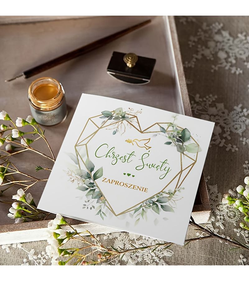 12 Pcs Paper Polish Baptism Invitations 11 02 X 5 5 Inch Eucalyptus Greenery And Golden Geometric Heart Design Fill In The Blank Christening Invite Cards Holy Communion Prop Catholic Party Supplies - Image 2