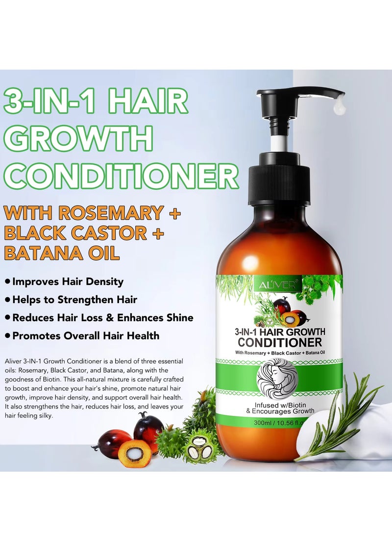ALIVER 300ml 3 In 1 Hair Growth Conditioner with Rosemary Black Castor and Batana Oil Strengthen Hair Improve Hair Density Reduce Hair Loss Enhance Shine & Promote Hair Growth Biotin Conditioner - Image 2