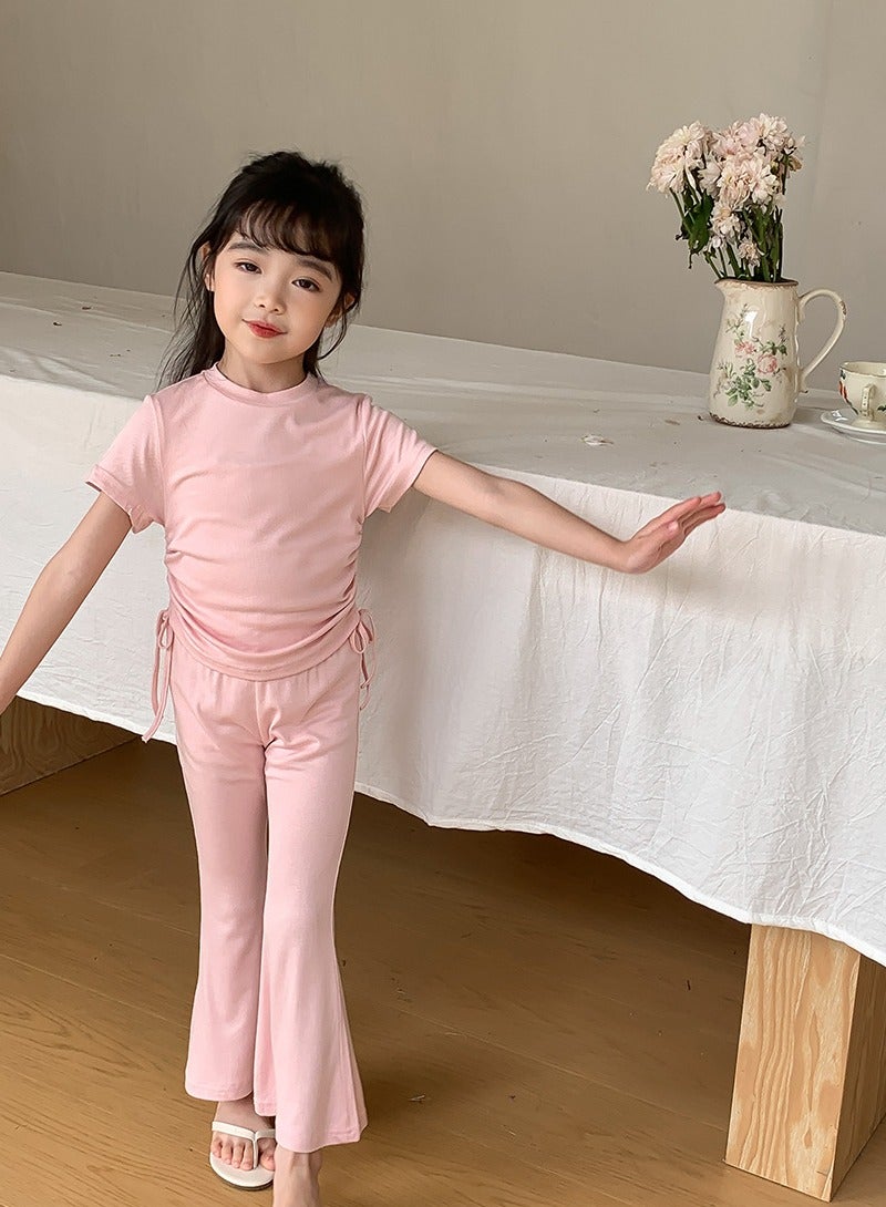 Loquat Girls Solid Color Set Short Sleeve Drawstring T-shirt And Flared Pants Summer Casual Set Pink  - Image 1