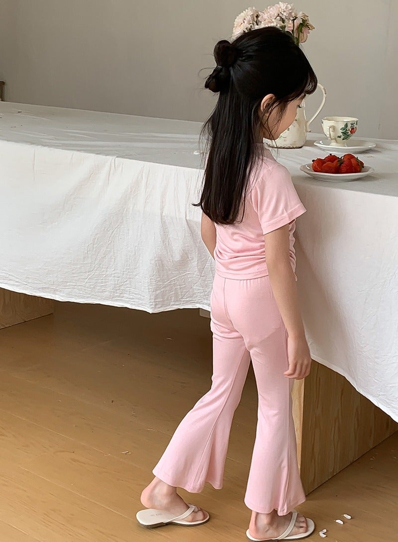 Loquat Girls Solid Color Set Short Sleeve Drawstring T-shirt And Flared Pants Summer Casual Set Pink  - Image 3