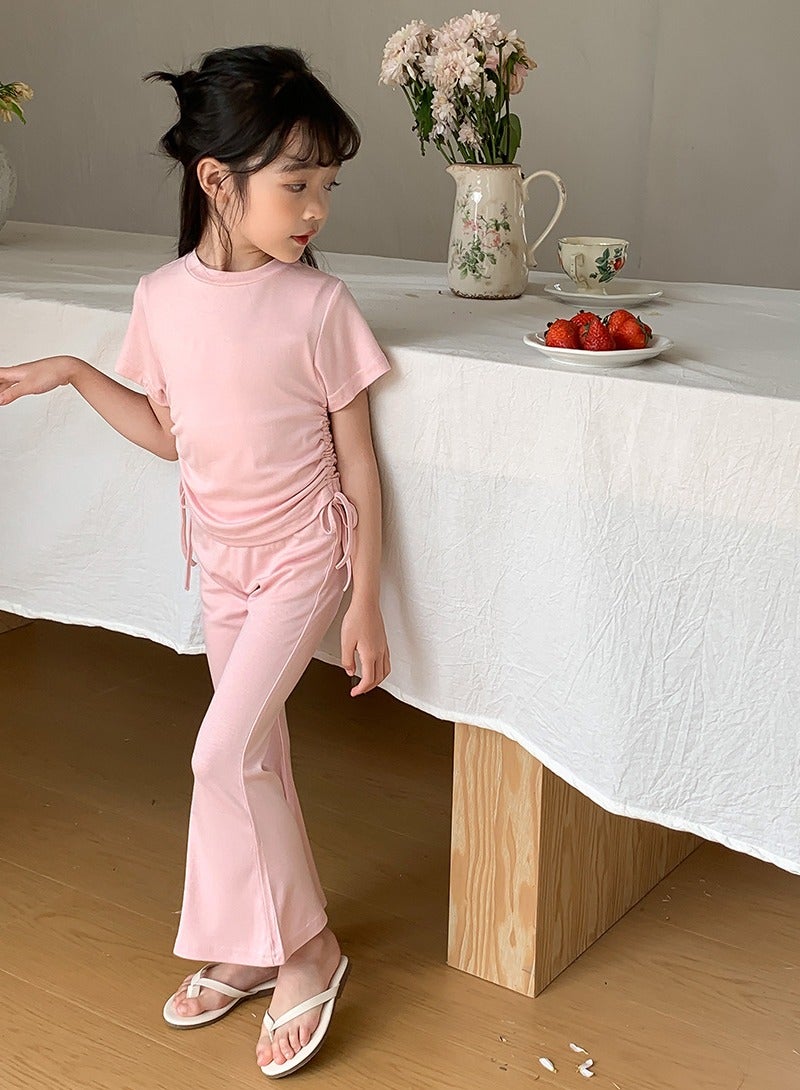 Loquat Girls Solid Color Set Short Sleeve Drawstring T-shirt And Flared Pants Summer Casual Set Pink  - Image 2