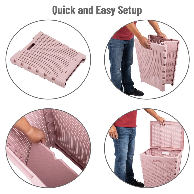 Mind Reader 61L Foldable Laundry Hamper, Clothes Basket, Lid, Wicker Design, Plastic, 18"L x 14.5"W x 21.25"H, Pink - Image 4
