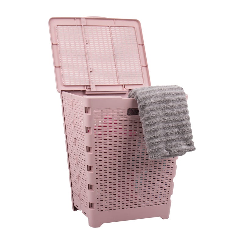 Mind Reader 61L Foldable Laundry Hamper, Clothes Basket, Lid, Wicker Design, Plastic, 18"L x 14.5"W x 21.25"H, Pink - Image 1