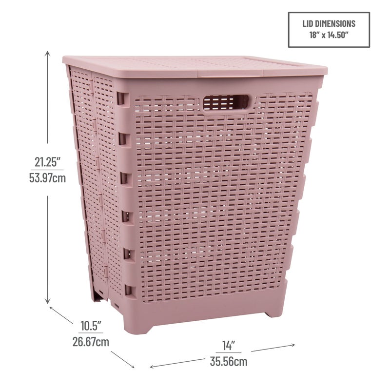 Mind Reader 61L Foldable Laundry Hamper, Clothes Basket, Lid, Wicker Design, Plastic, 18"L x 14.5"W x 21.25"H, Pink - Image 3