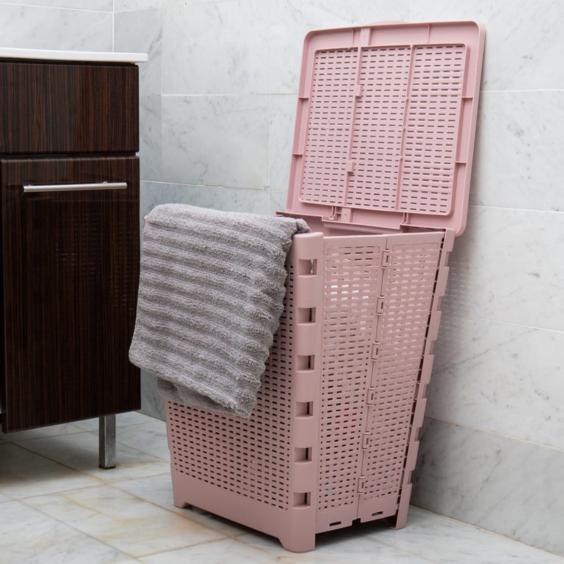 Mind Reader 61L Foldable Laundry Hamper, Clothes Basket, Lid, Wicker Design, Plastic, 18"L x 14.5"W x 21.25"H, Pink - Image 5