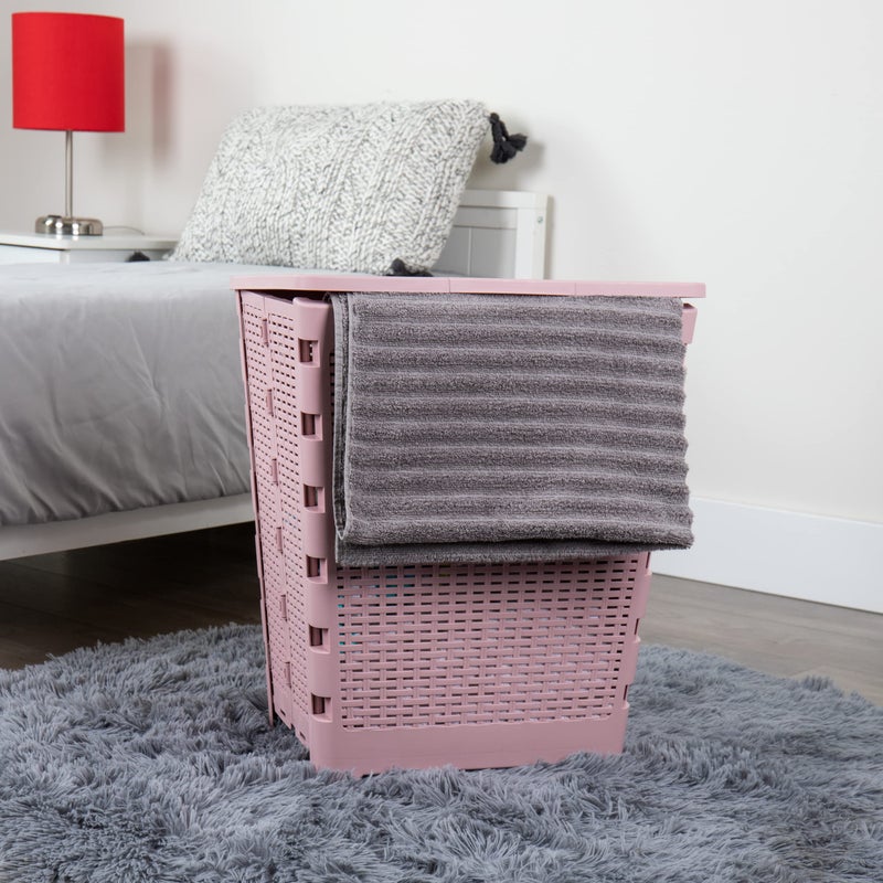 Mind Reader 61L Foldable Laundry Hamper, Clothes Basket, Lid, Wicker Design, Plastic, 18"L x 14.5"W x 21.25"H, Pink - Image 2