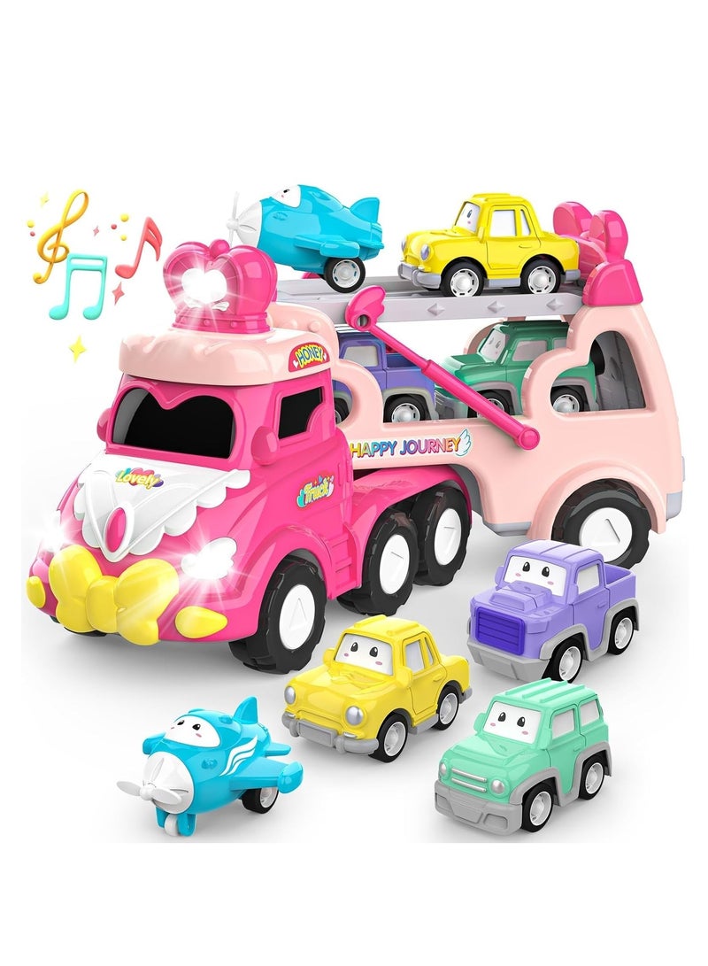 5-in-1 Princess Vehicle Trucks Toys, Cartoon Trailer Car Toy with Sounds  Lights Toys, Transporter Toys Birthday Gift for Kids - Image 1