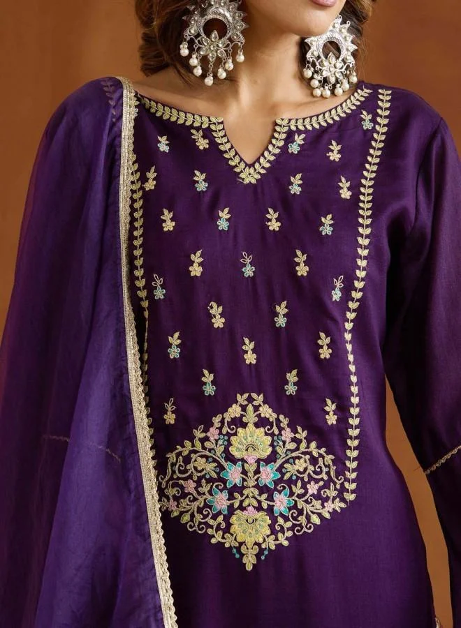 آي شين طقم كورتا نسائي بنفسجي رايون مطرز كامل الطول بالازو مستقيم