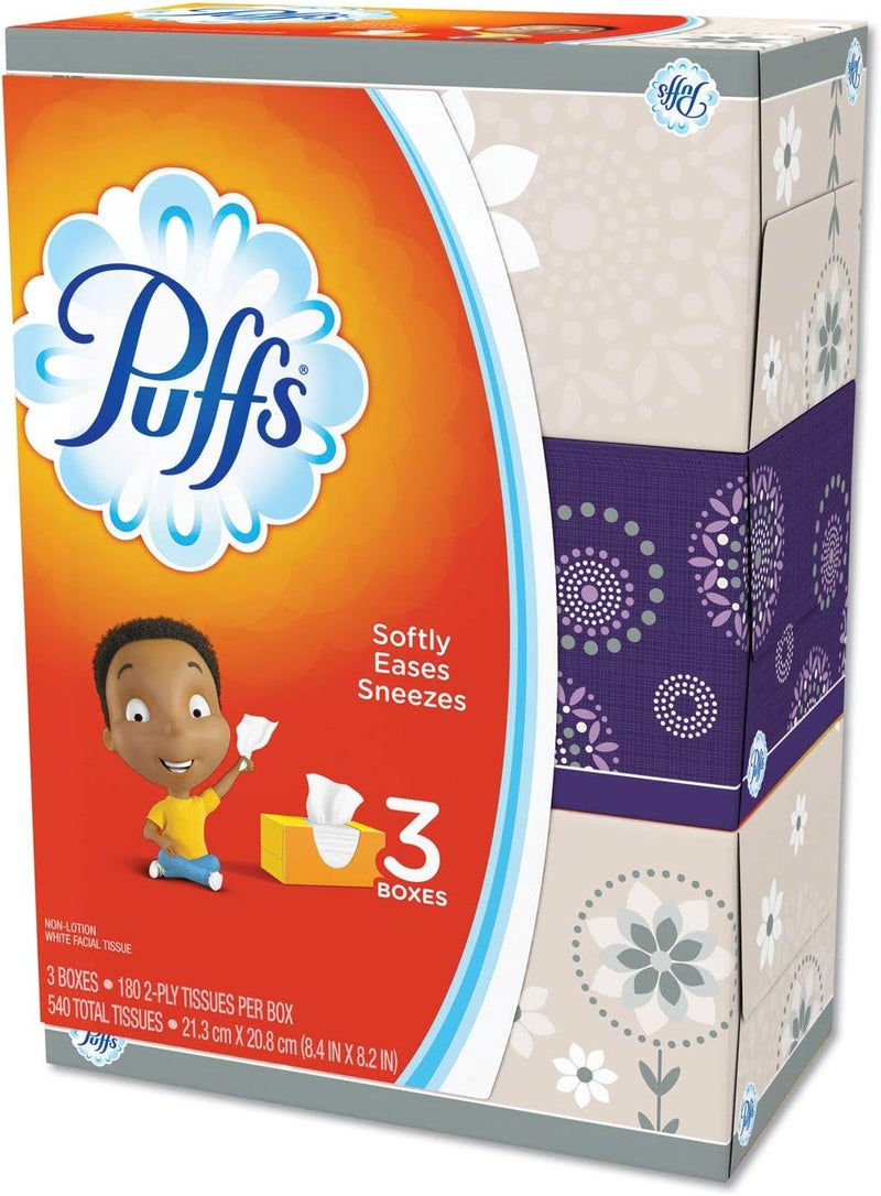 Puffs Simple Softness NonLotion Facial Tissue 3 Family Size Boxes 180 Tissues Per Box - Image 1