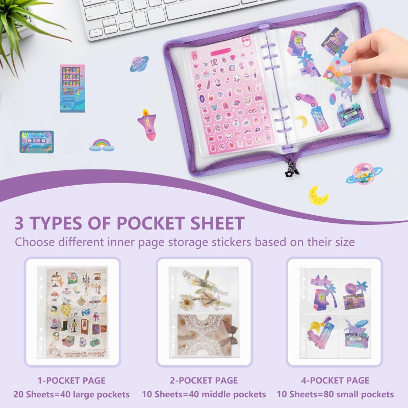 Ruatu Sticker Organizer Binder Sticker Storage Album A5 Sticker Book Collecting Album for Collecting Sticker Reusable Sticker Keeper Holder Book for Adult with Pockets and Zipper (purple) - Image 3