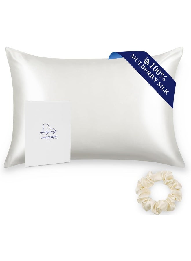 ALASKA BEAR Silk Pillowcase for Hair and Skin, Grade 6A 100% Mulberry Silk Pillow Cases Standard Size for Bliss Sleep with Random Color Scrunchy Gift Set Better Than Poly Satin, 1pc, Ivory White - Image 1