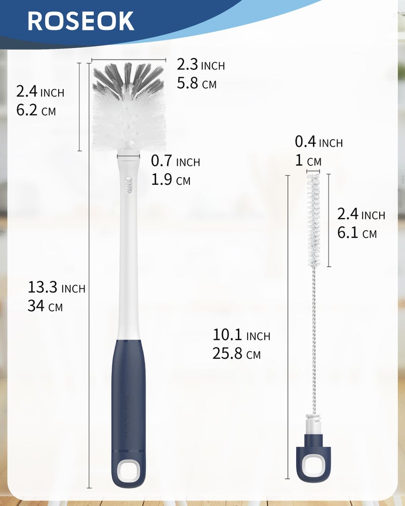ROSEOK 2 in 1 Long Handle Bottle Brush with Straw Brush for Cleaning Glass, Sports Bottle, Coffee Mug,Navy Blue,1 Pack - Image 2