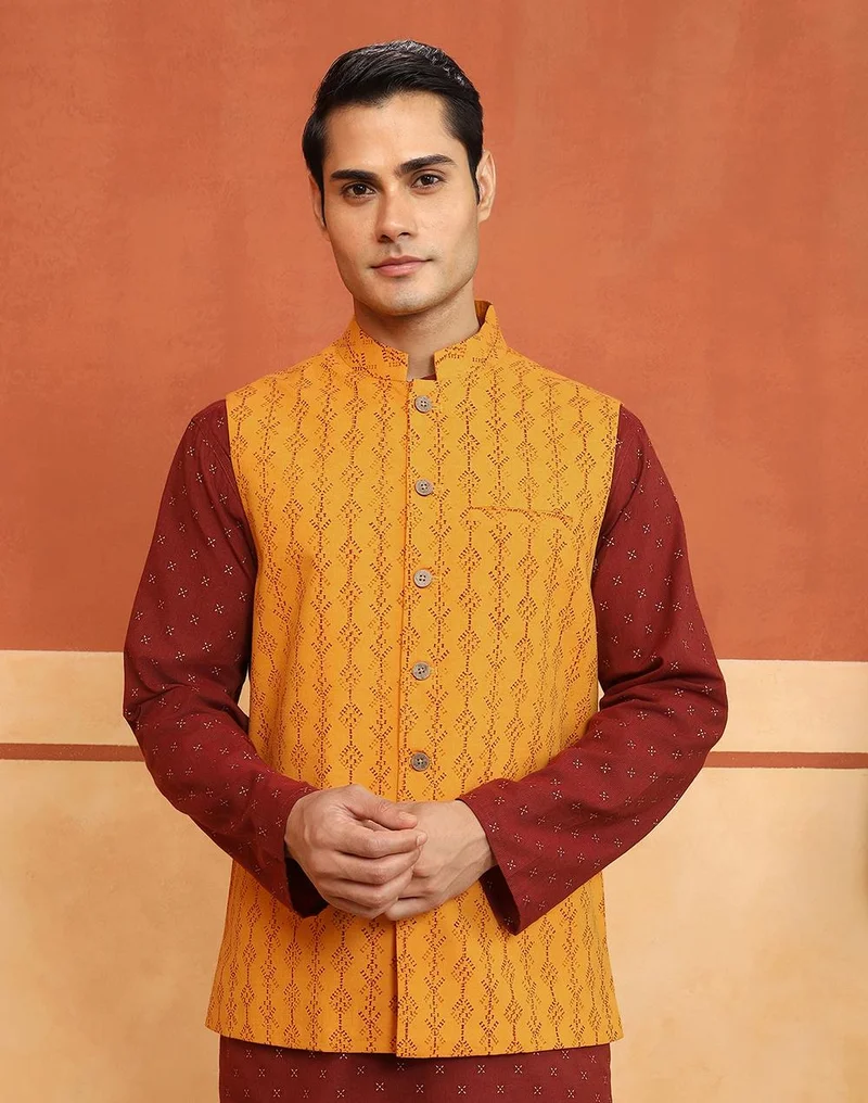 فاب انديا Mustard Cotton Hand Block Printed Nehru Jacket