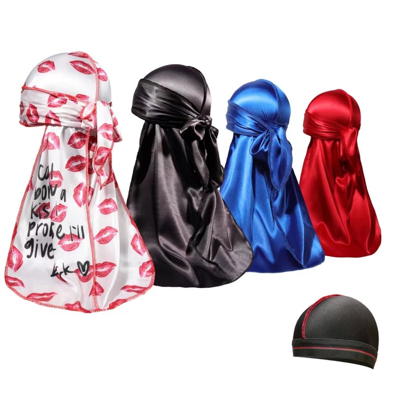 ForceWave 4PCS Silky Durags for Men 360 Waves, Designer Do Rag, 1 Wave Cap (Kiss Blue Black Red) - Image 1