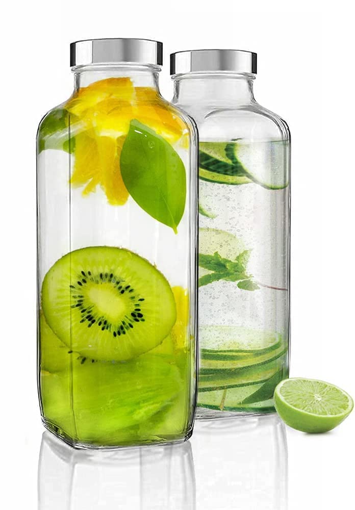 BLISSBORN Glass Water Bottle with LeakProof Airtight Stainless Steel Lid Square Beverages Drinking Jar Reusable Travel Glass Drinking Fridge Bottles 1000ml Clear Pack of 2 - Image 2
