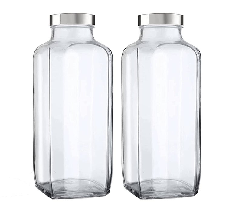 BLISSBORN Glass Water Bottle with LeakProof Airtight Stainless Steel Lid Square Beverages Drinking Jar Reusable Travel Glass Drinking Fridge Bottles 1000ml Clear Pack of 2 - Image 1