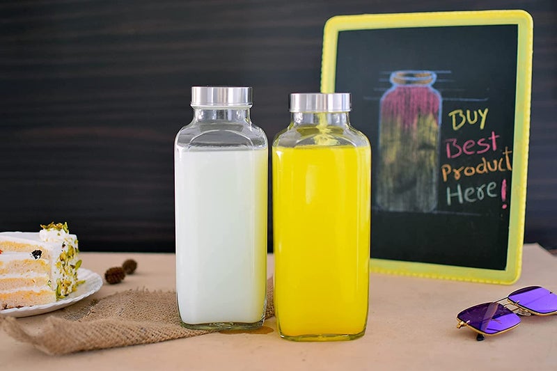 BLISSBORN Glass Water Bottle with LeakProof Airtight Stainless Steel Lid Square Beverages Drinking Jar Reusable Travel Glass Drinking Fridge Bottles 1000ml Clear Pack of 2 - Image 3
